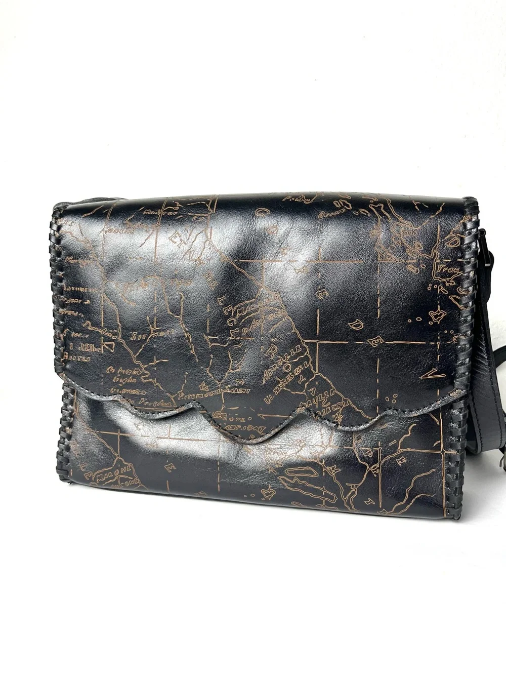 Patricia Nash Genuine Leather Crossbody Black Bag Map Print Signature Fabric